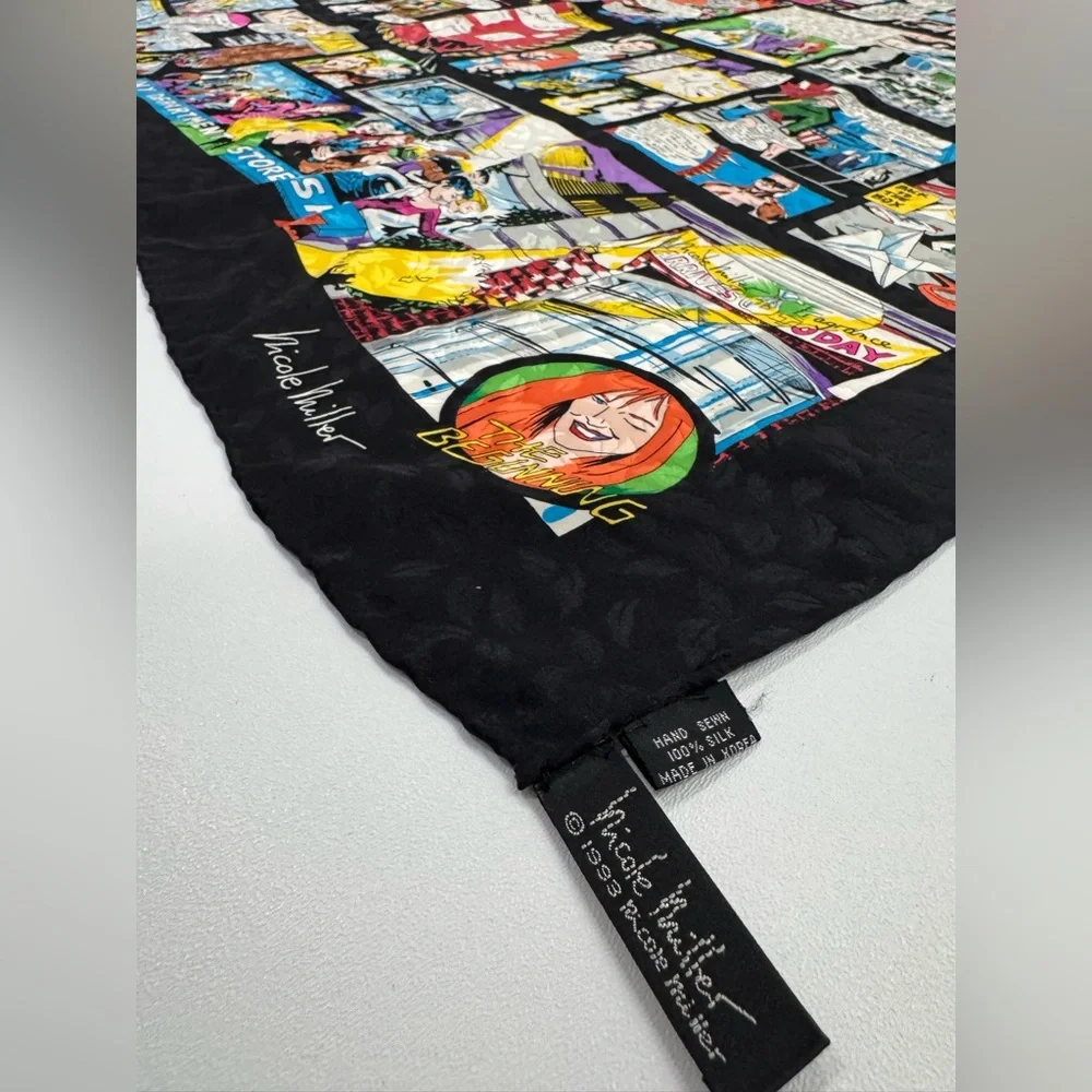 Nicole Miller Vintage Graphic Comic Print 100% Silk Scarf Black Pop Art‎ 42”